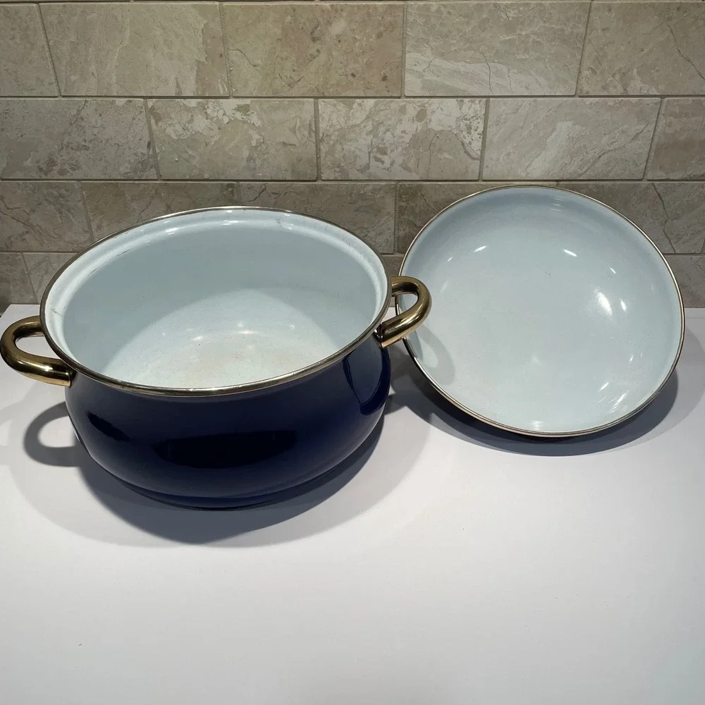 Vintage Cobalt Blue Enamel Stock Pot Gold Handles‎ Dutch Oven with Lid 10 Inch
